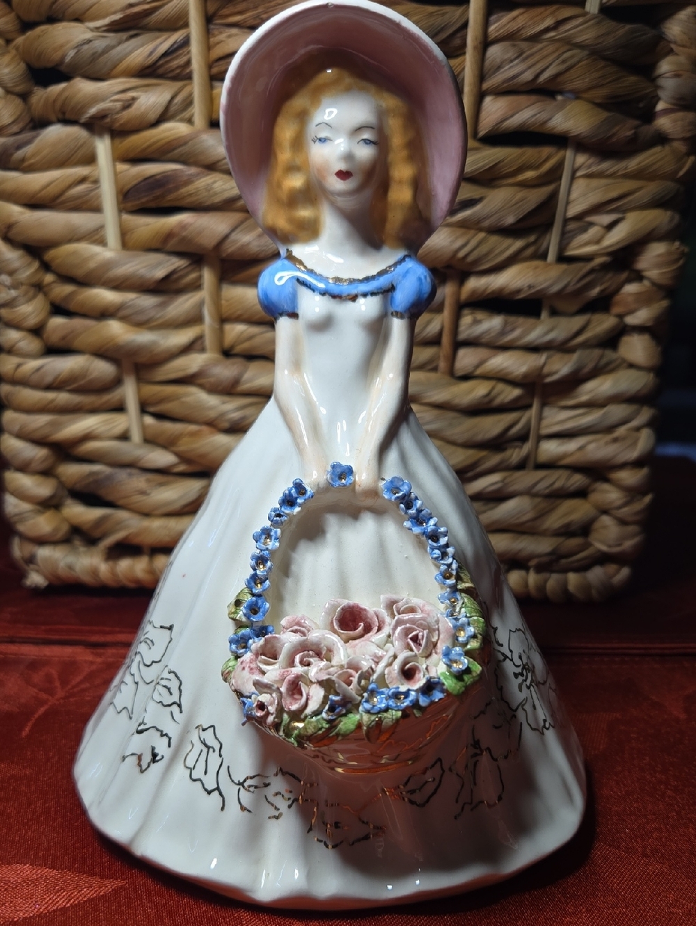 Vintage Porcelain Lady Figurine with Pink Hat Basket With Pink And Blue Flowers